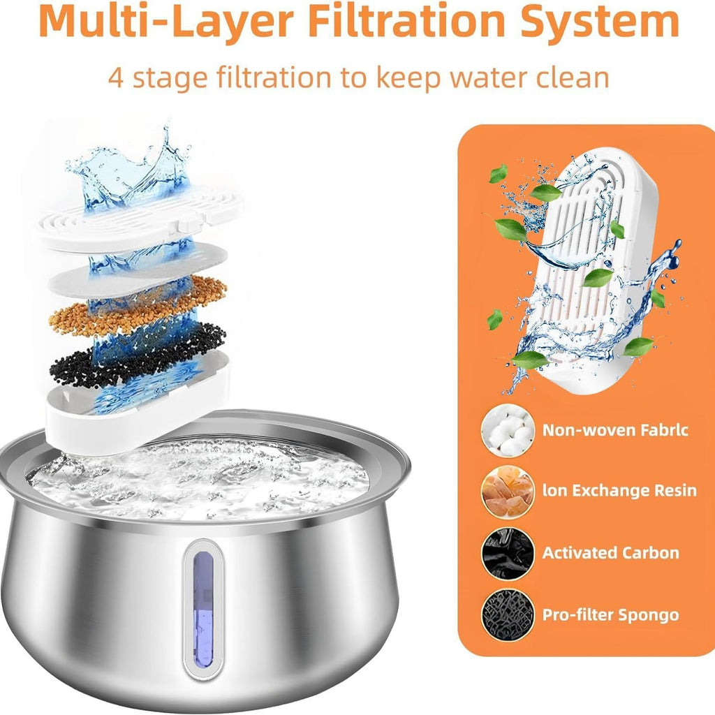 Silver Stream 4L Stainless Steel Pet Fountain